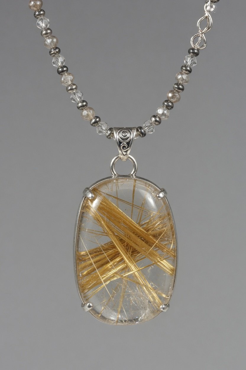 Rutilated quartz in beaded sterling silver necklace