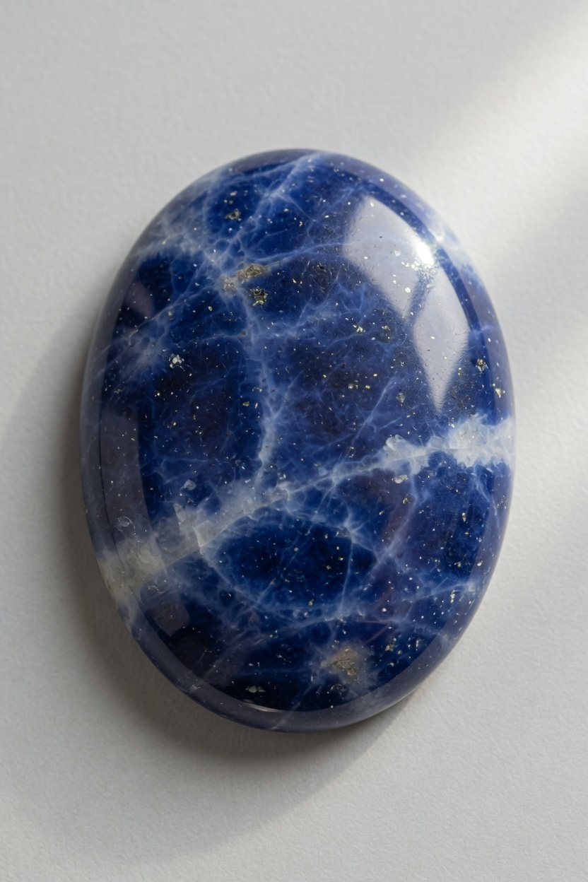 Tumble-polished sodalite freeform with smooth surface and blue-white contrast
