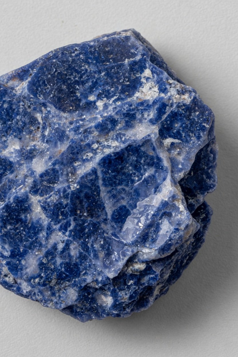Raw sodalite crystal showing royal blue with white veins on plain background
