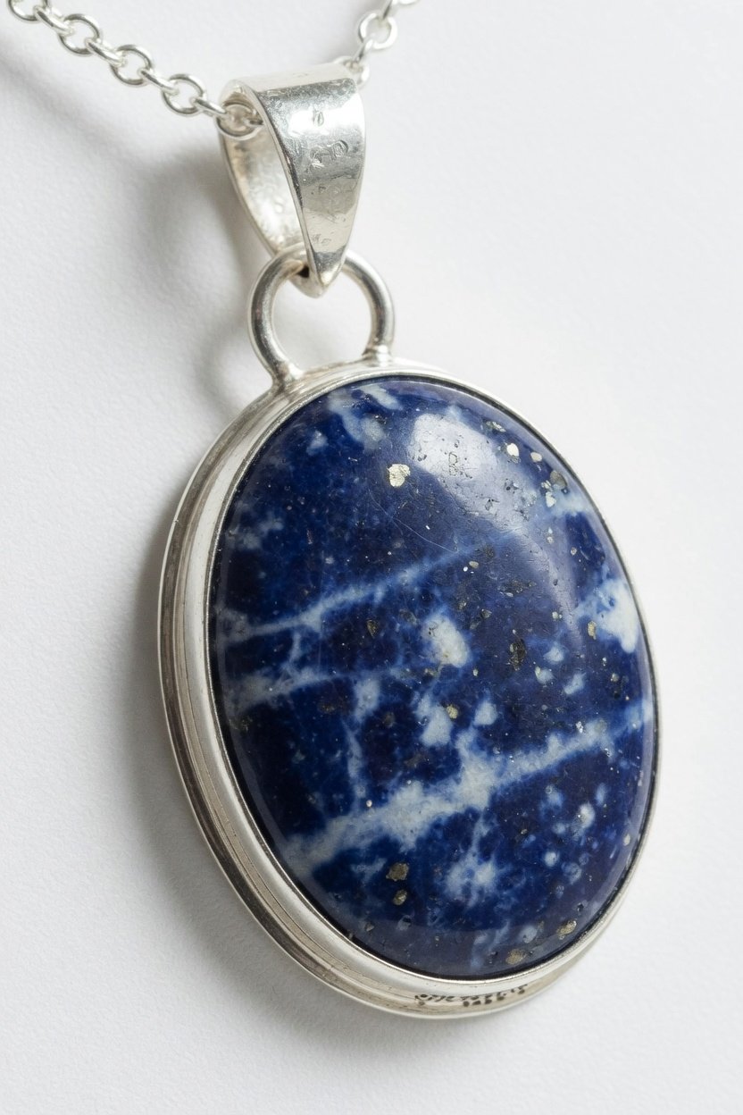 Sodalite cabochon set in classic silver bezel pendant on plain background