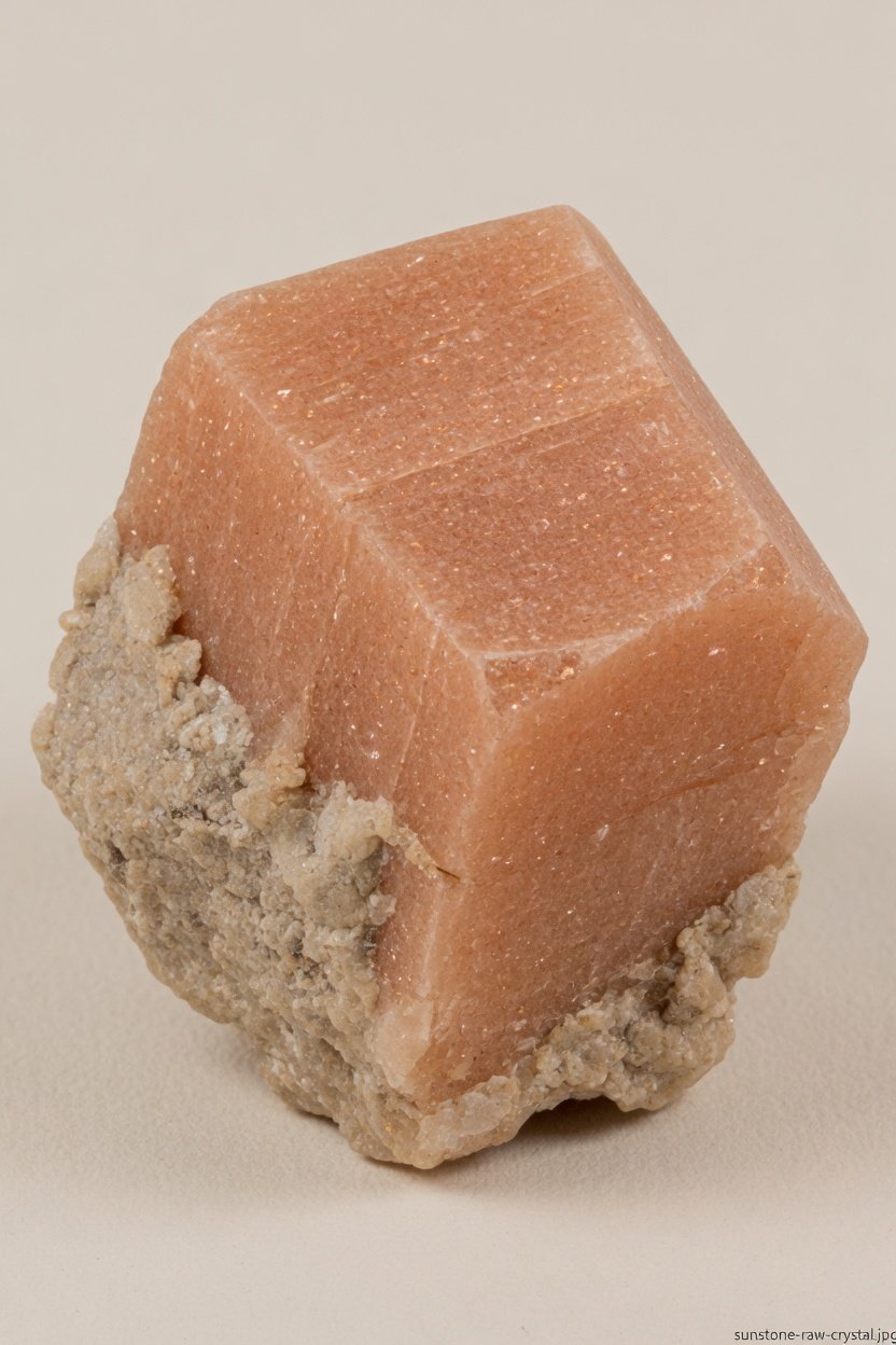 Raw Oregon sunstone crystal with peachy body and granular texture