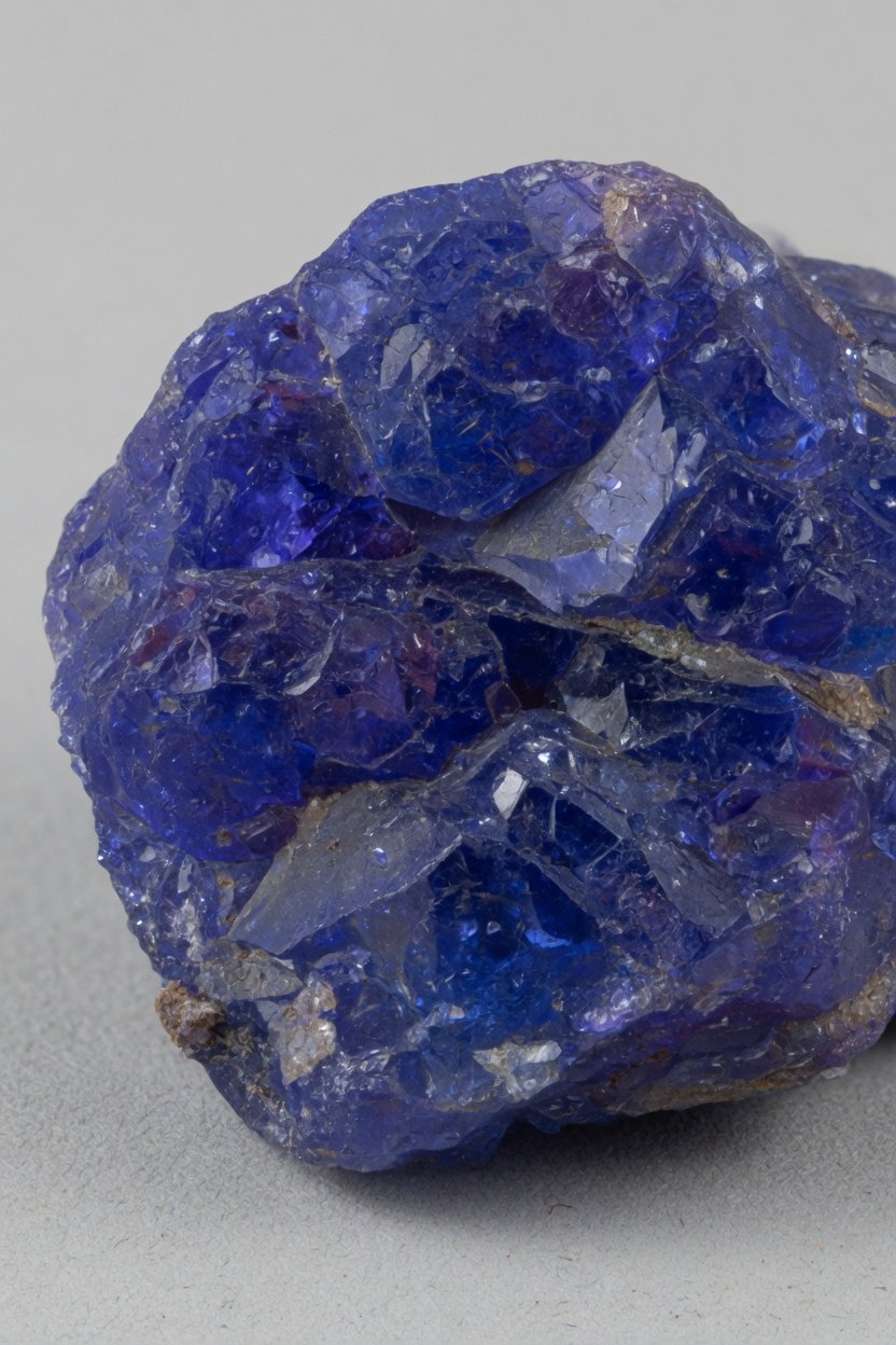 Raw tanzanite crystal cluster with blue-violet flashes on graphite matrix