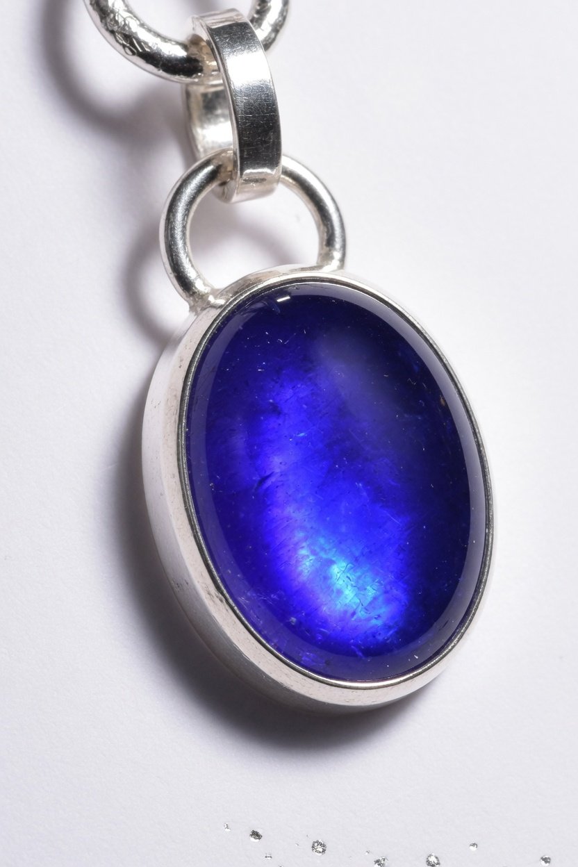 Tanzanite cabochon in classic silver bezel pendant