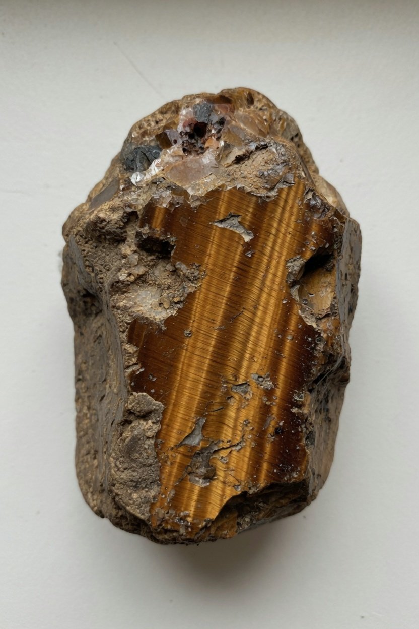 Rough Tiger's Eye showing parallel golden-brown bands on a plain background