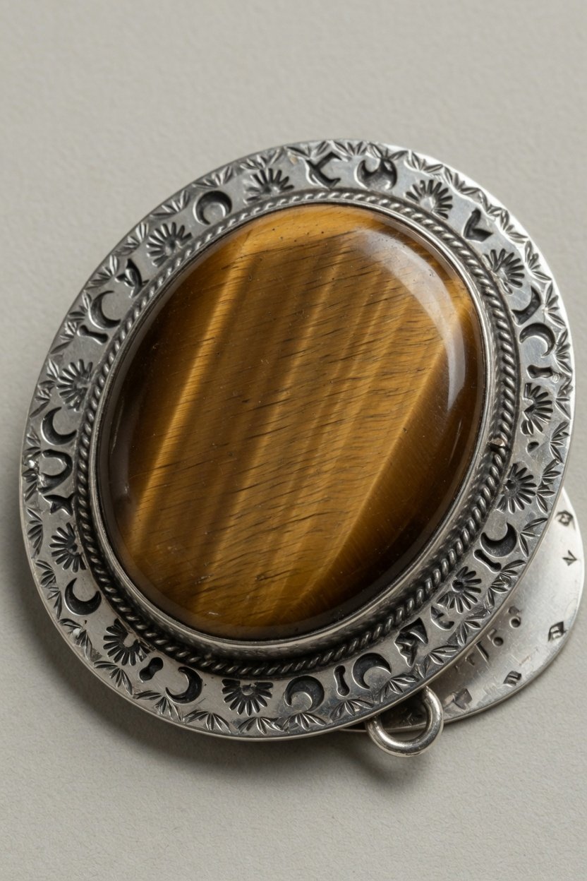 Tiger's Eye cabochon set in Southwestern stamped silver bezel pendant