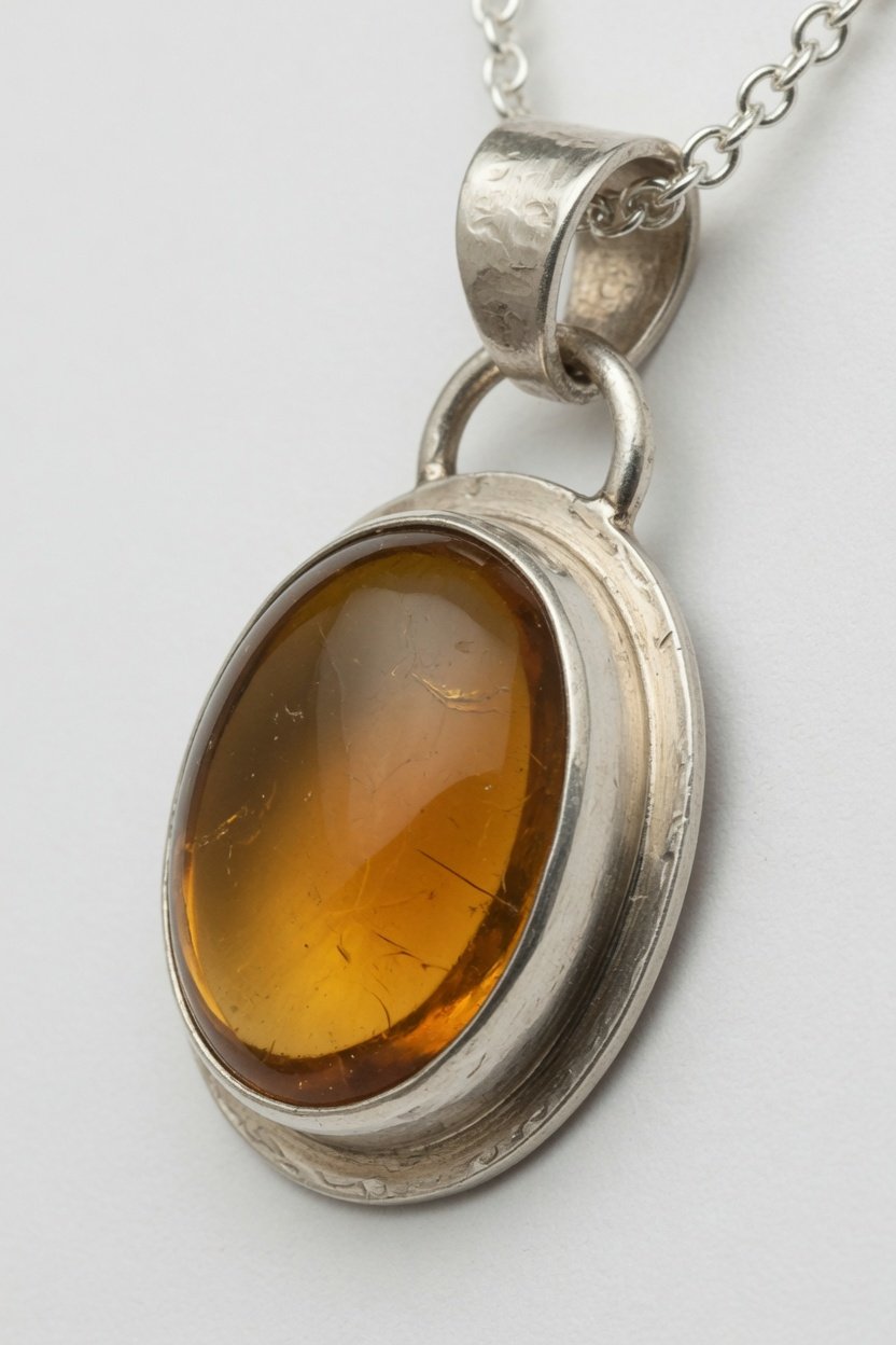 Blue topaz cabochon set in classic silver bezel pendant on plain background