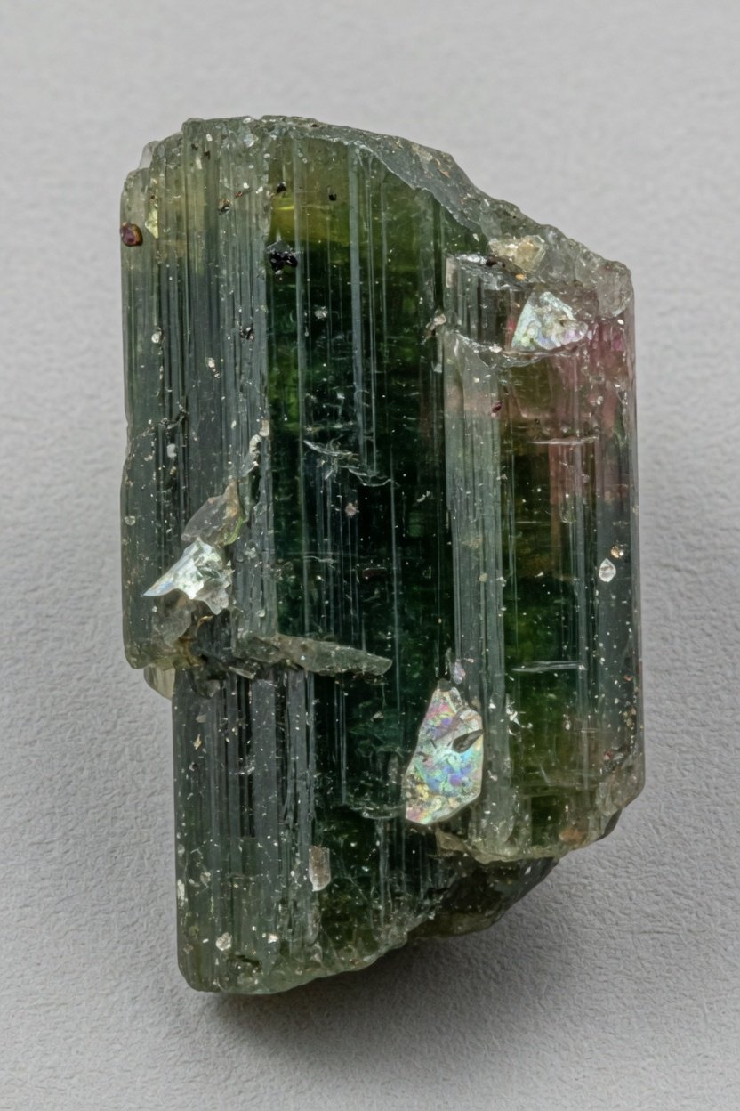 Elongated black-to-pink zoned tourmaline crystal with vertical striations
