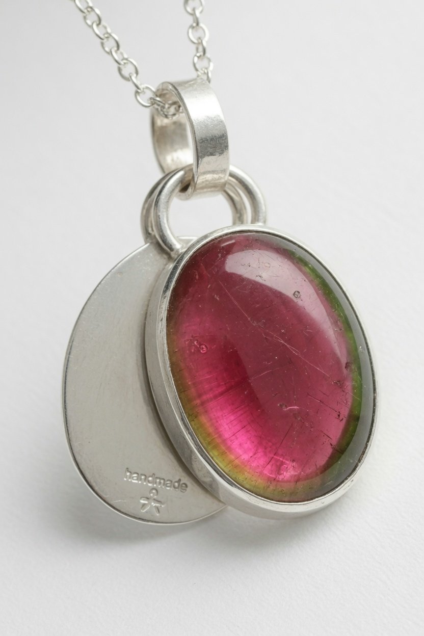Watermelon tourmaline cabochon in Classic Silver Bezel Pendant