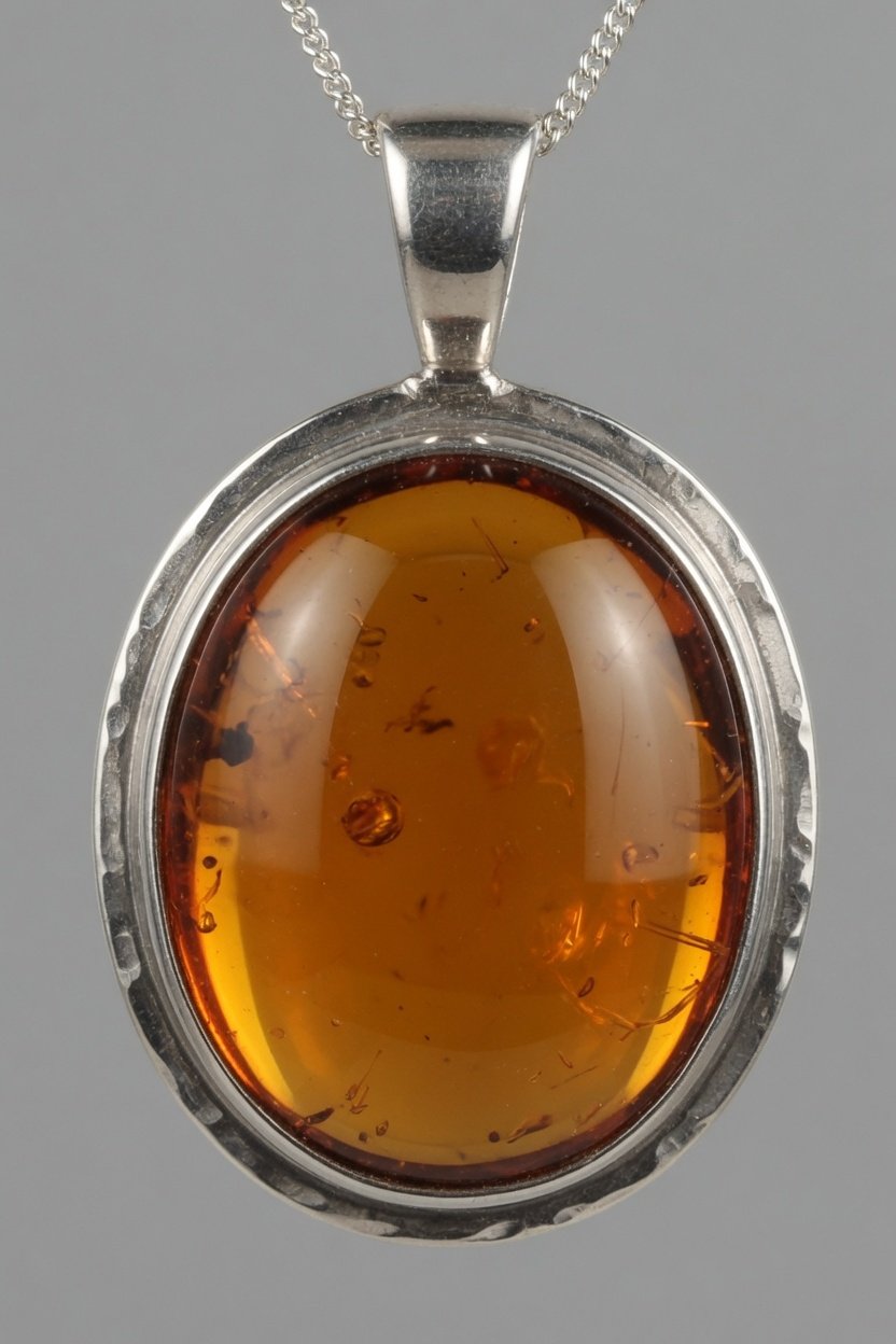 Amber cabochon in sterling silver bezel pendant