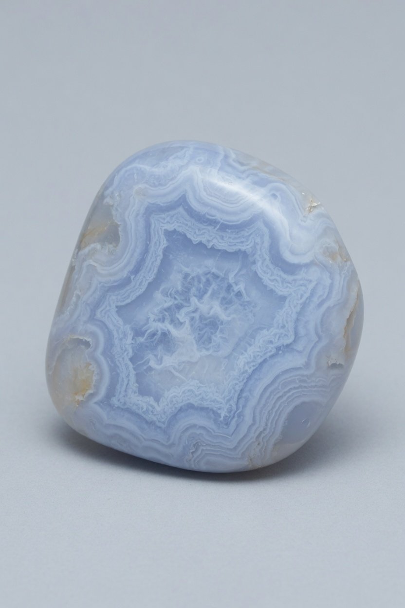 Blue lace agate gemstone with intricate banding patterns