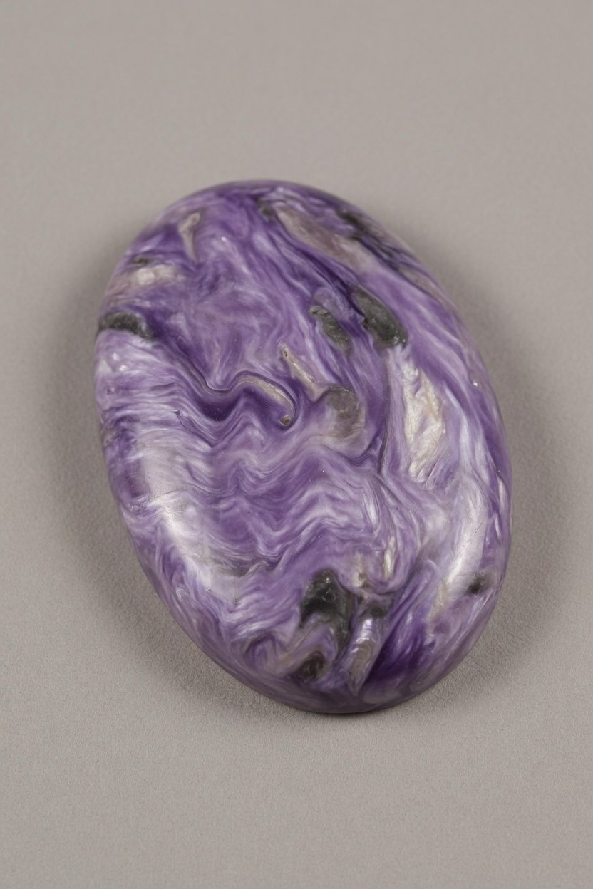 Polished Charoite cabochon with swirling lavender and violet patterns