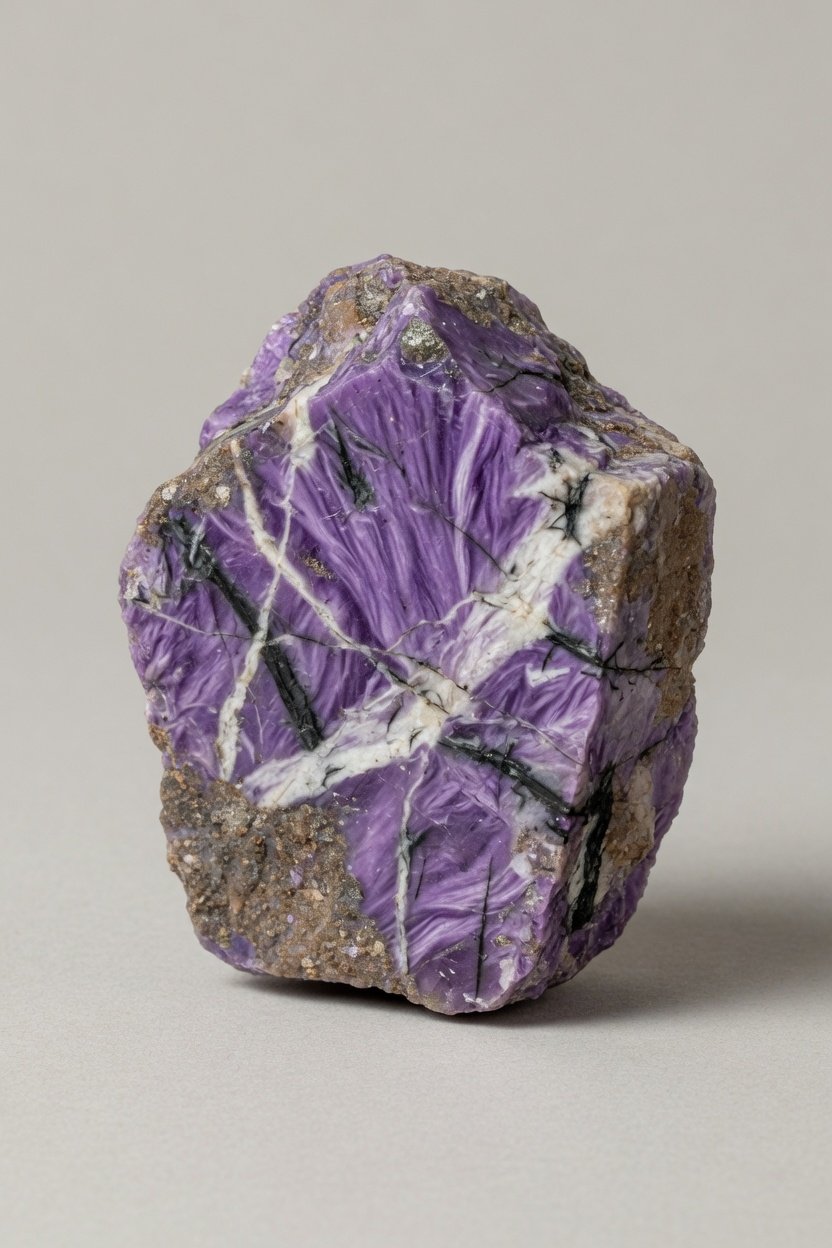 Raw rough Charoite specimen showing natural lavender purple with white and black matrix