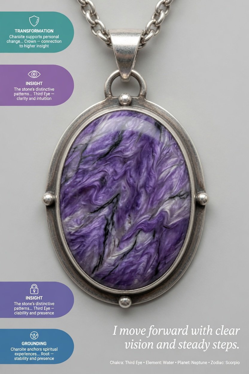 Charoite cabochon set in sterling silver bezel pendant