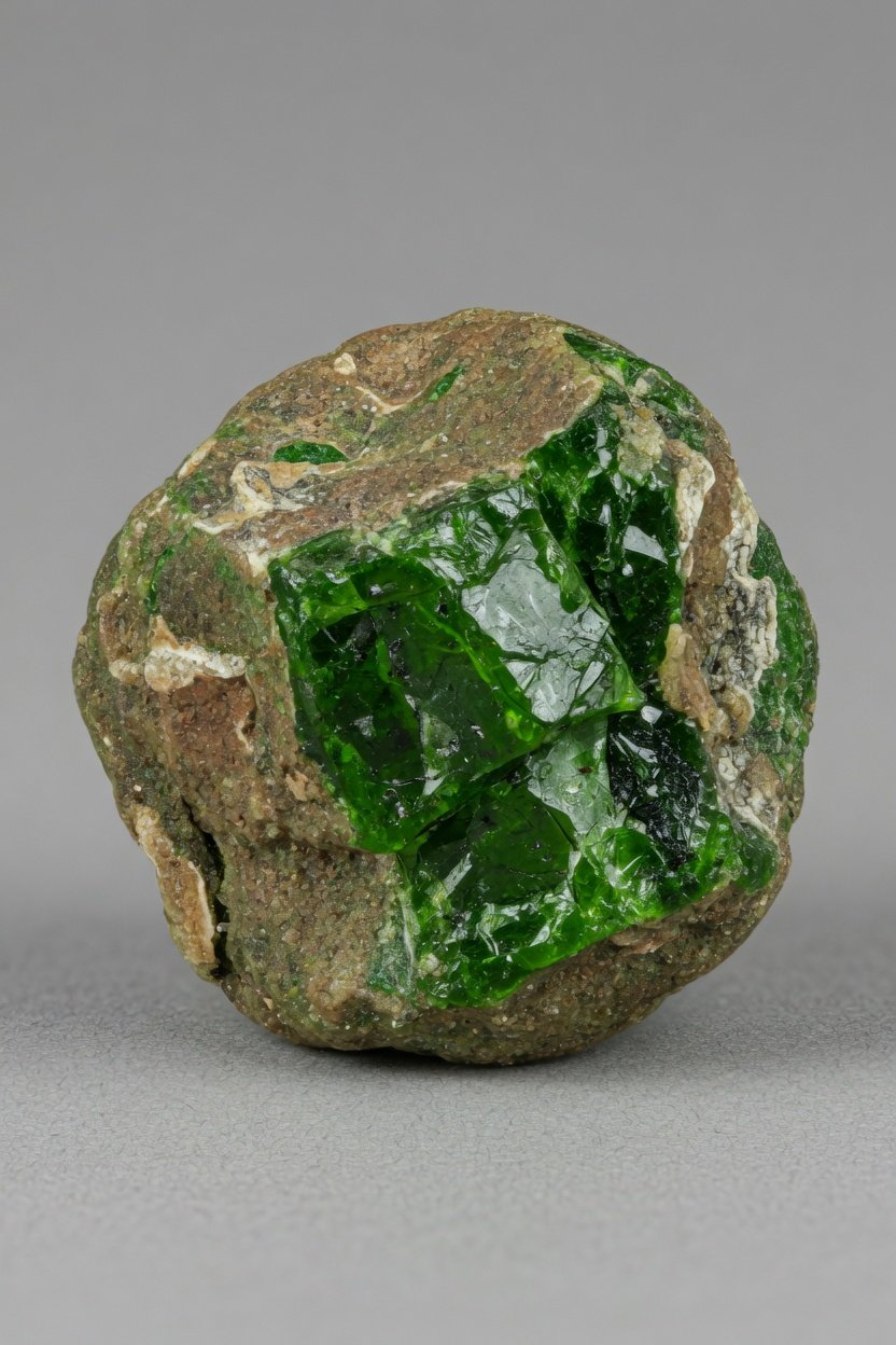Raw rough Chrome Diopside specimen showing natural emerald green color and matrix