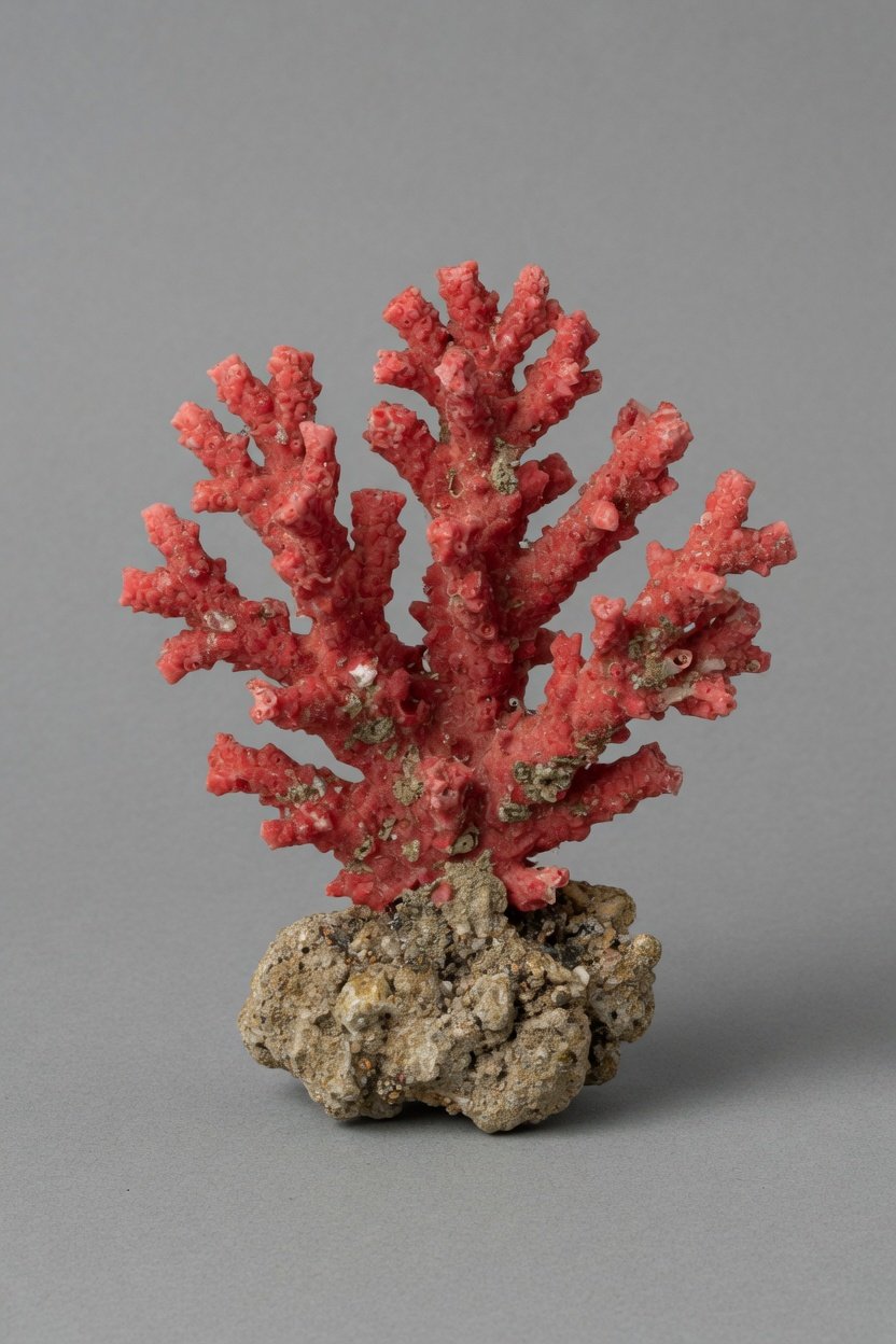 Raw red-pink coral branch with natural matrix