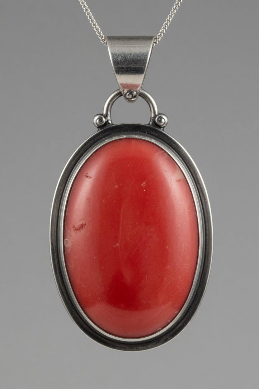 Sterling silver bezel pendant with red coral cabochon