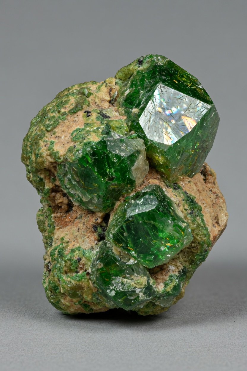 Raw rough emerald-green Demantoid Garnet specimen with natural matrix