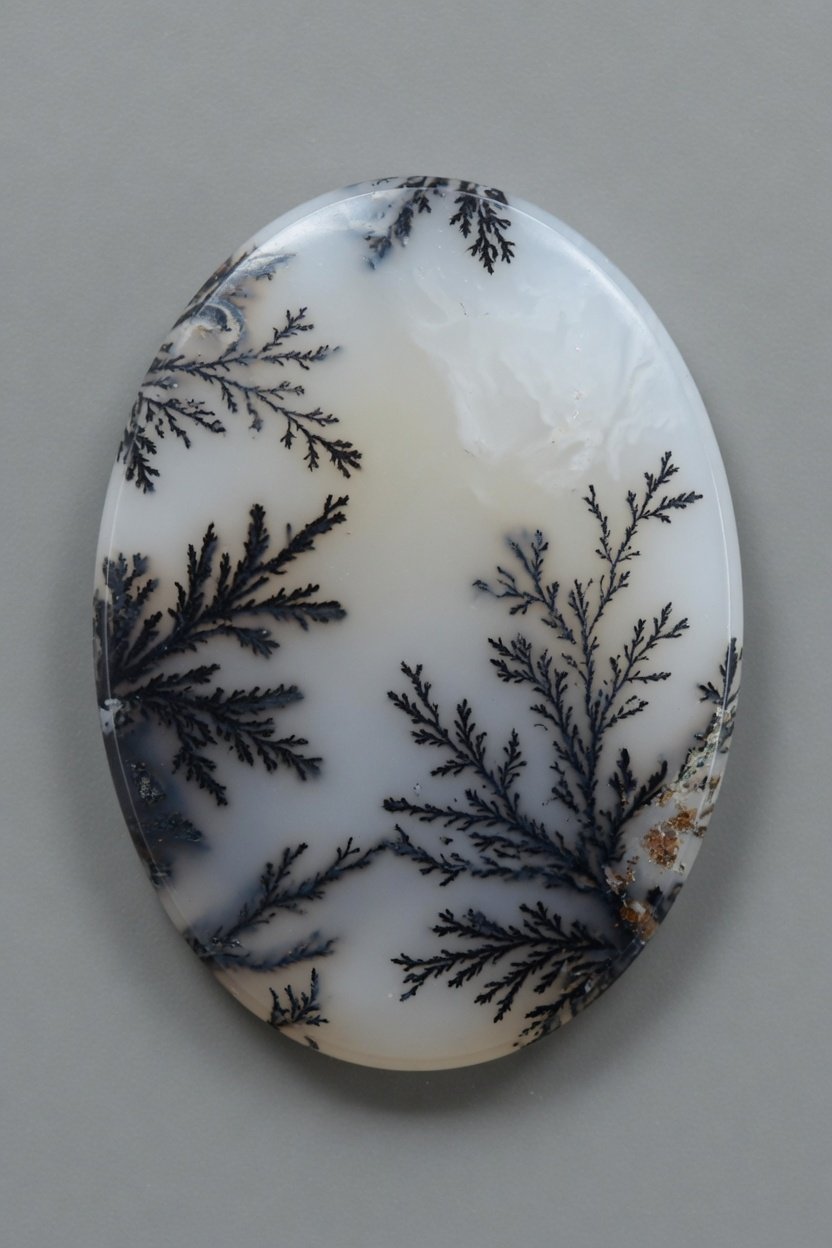 Polished Dendritic Agate cabochon with sharp black inclusions