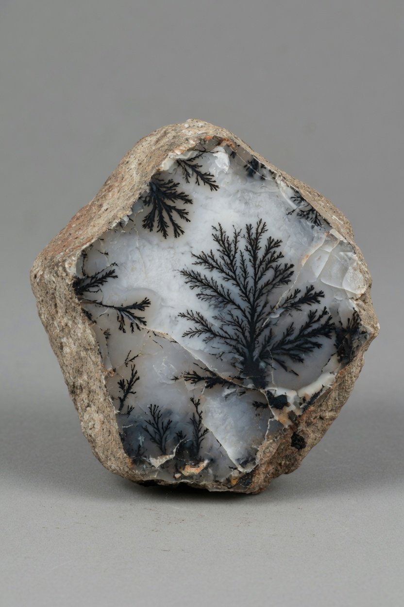 Raw Dendritic Agate nodule showing black dendrites in white matrix