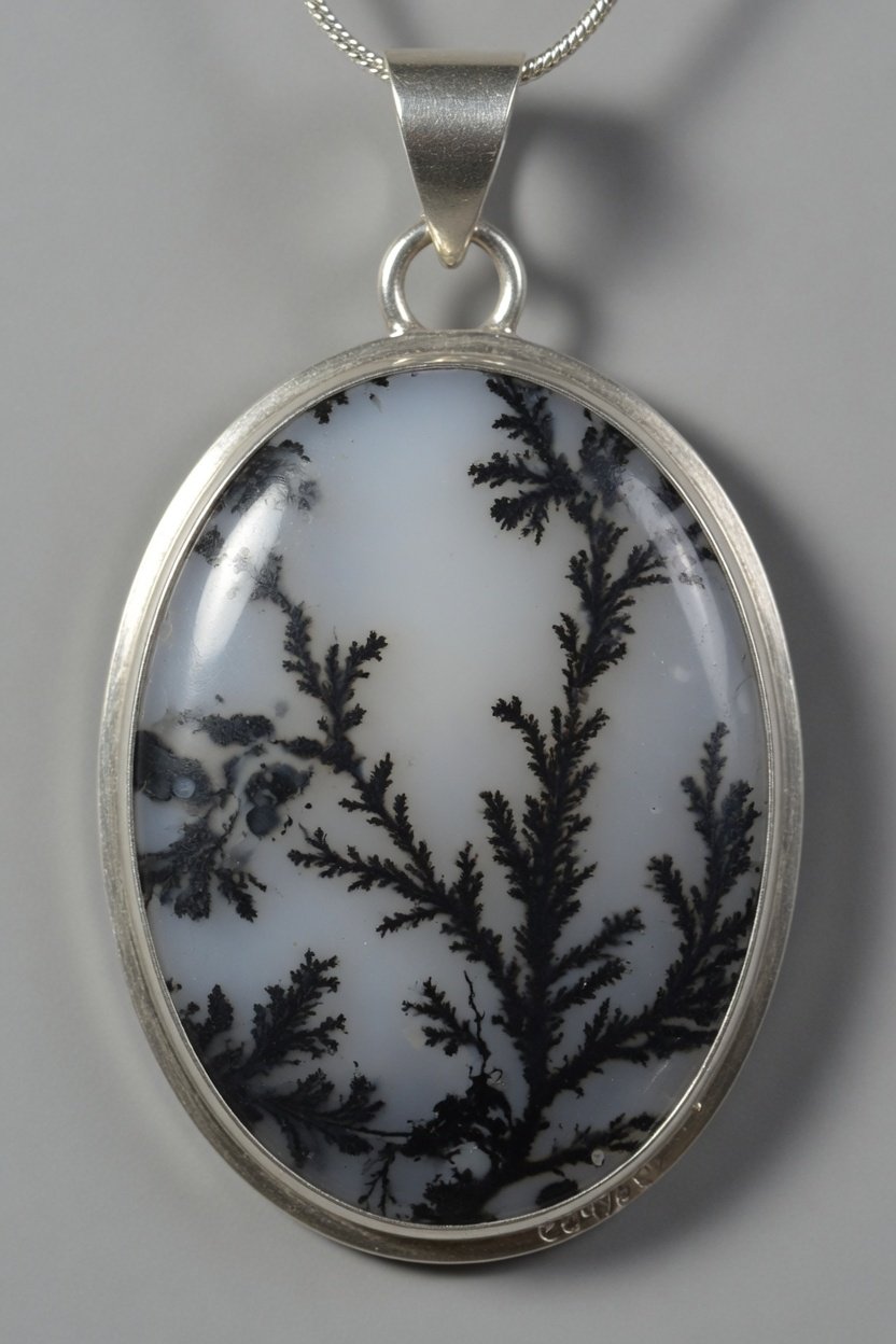 Dendritic Agate cabochon in classic silver bezel pendant