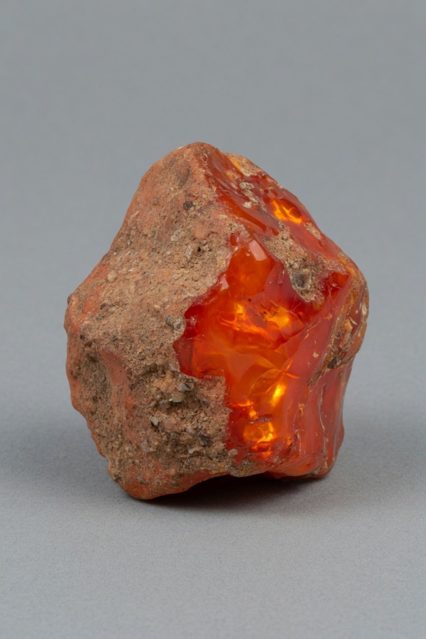 Raw Fire Opal nodule showing orange-red body and natural matrix