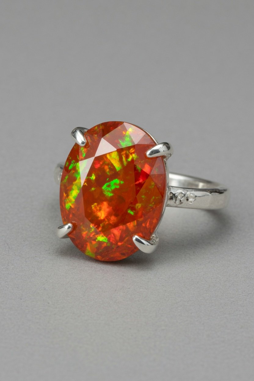 Fire Opal cabochon set in sterling silver bezel pendant