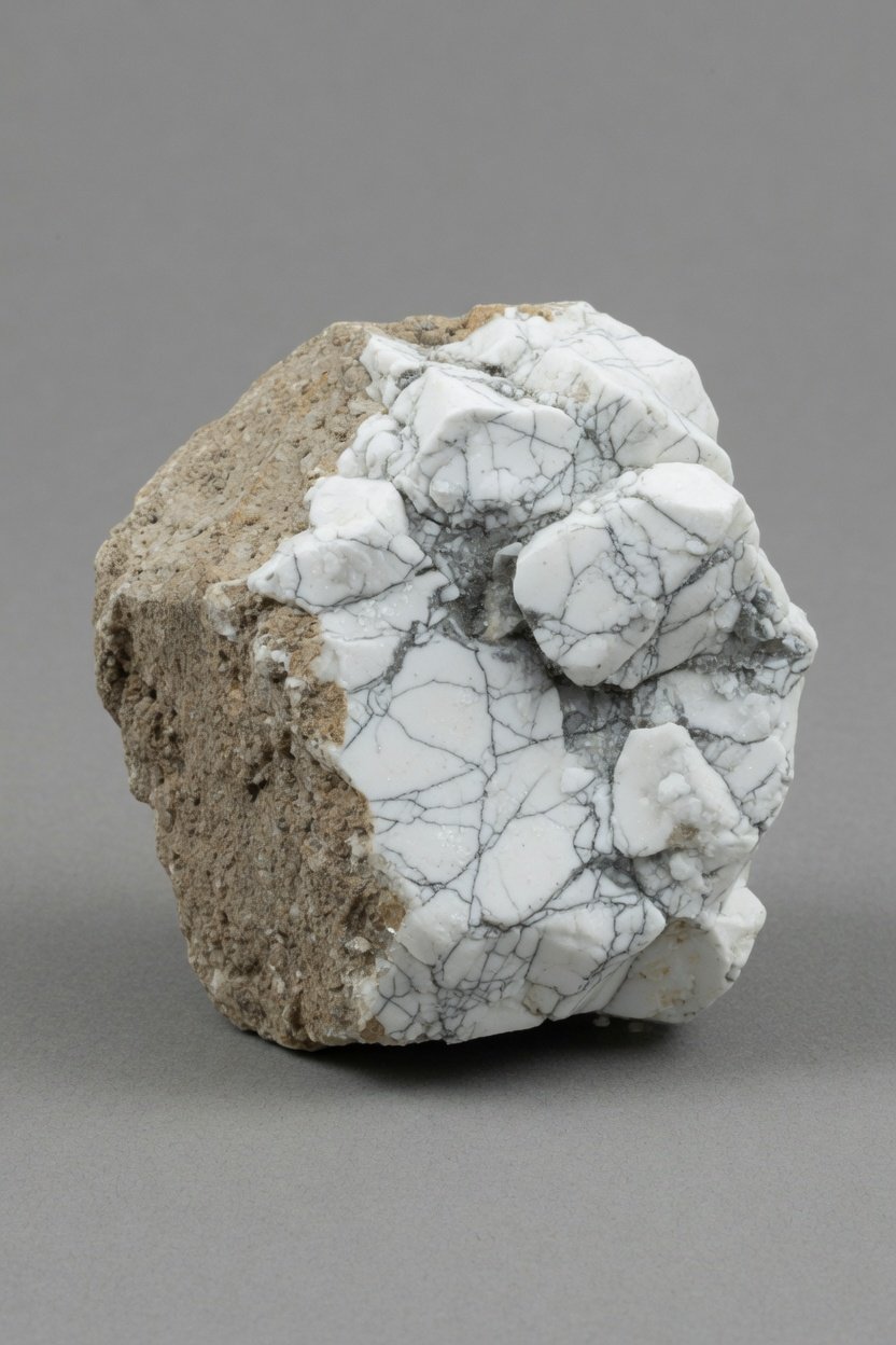 Raw howlite nodule showing white body and black veins
