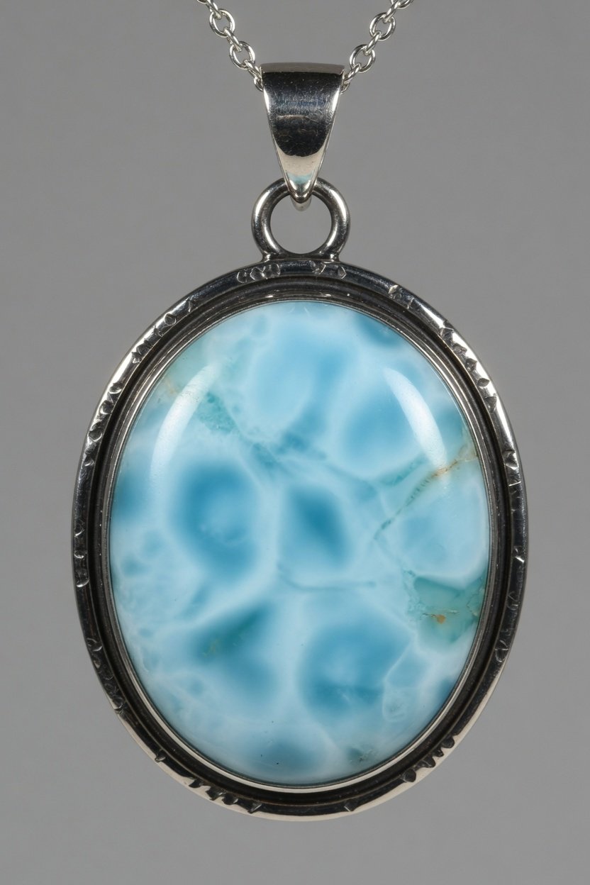 Larimar cabochon set in sterling silver bezel pendant with patina