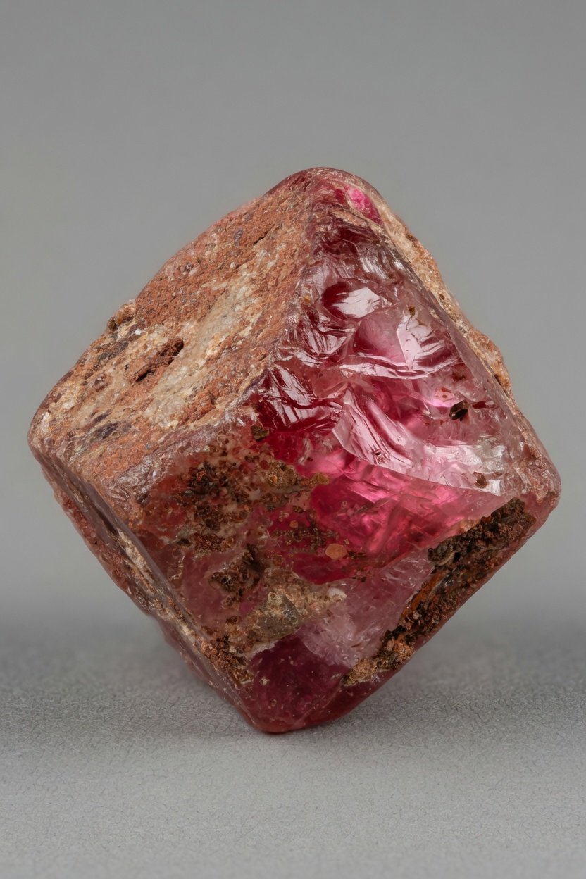 Mahenge Spinel rough specimen showing natural crust and cherry-red color