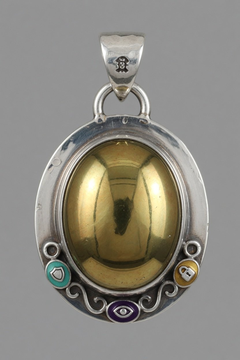 Pyrite cabochon set in sterling silver bezel pendant