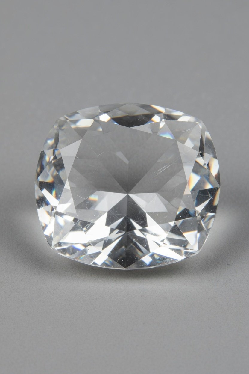 Single faceted Rock Crystal (Clear Quartz) loose stone with crisp facets on neutral background