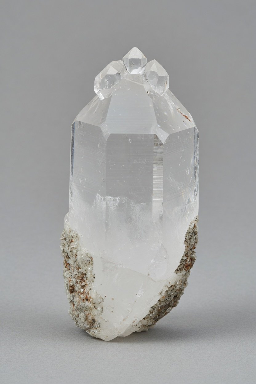 Raw rough Rock Crystal (Clear Quartz) specimen with hexagonal prism faces on neutral background