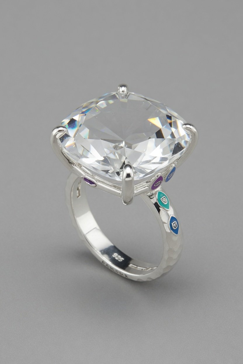 Contemporary prong ring set with faceted Rock Crystal (Clear Quartz) on neutral background
