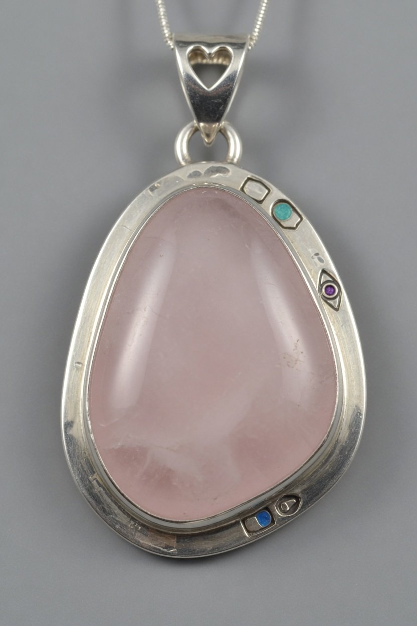 Rose Quartz in classic silver bezel pendant