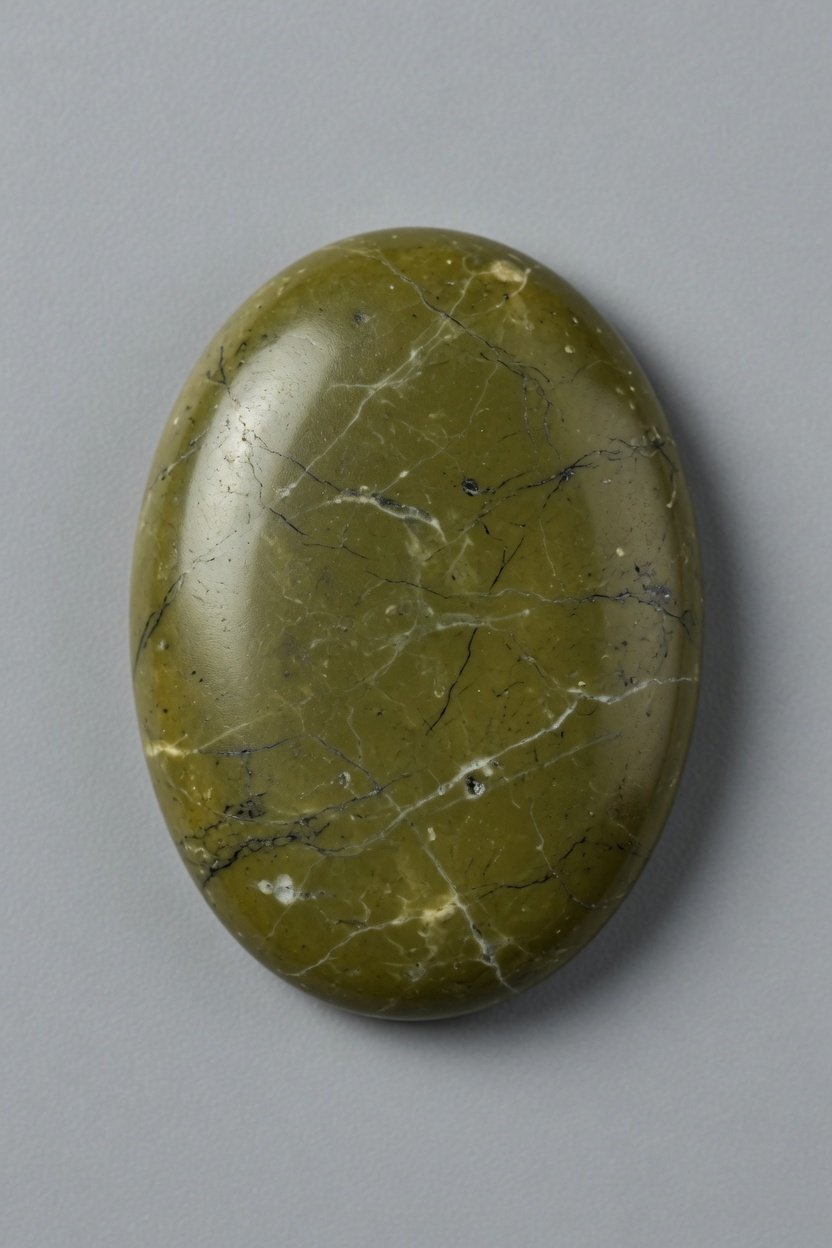 Polished Serpentine cabochon with waxy green surface and subtle veining on neutral background