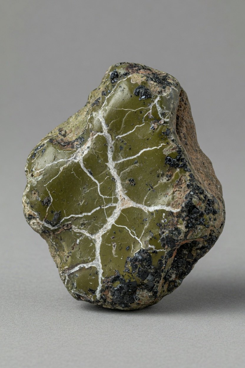 Raw olive-green Serpentine rough specimen with white veining on neutral background