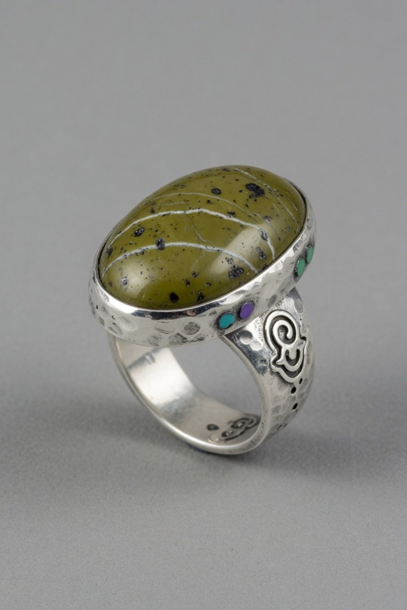 Serpentine cabochon set in handmade sterling silver ring on neutral background