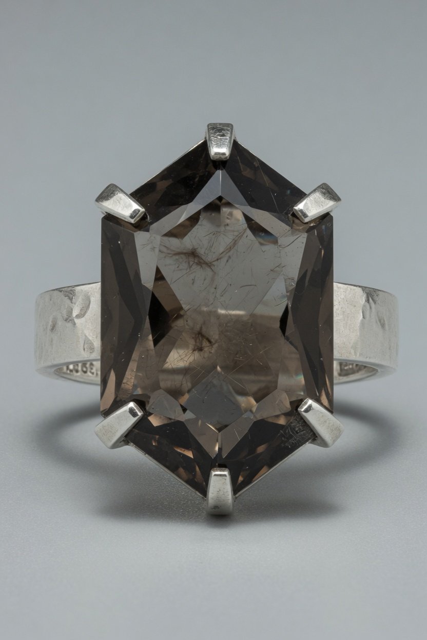 Faceted Smoky Quartz in Contemporary Prong Ring
