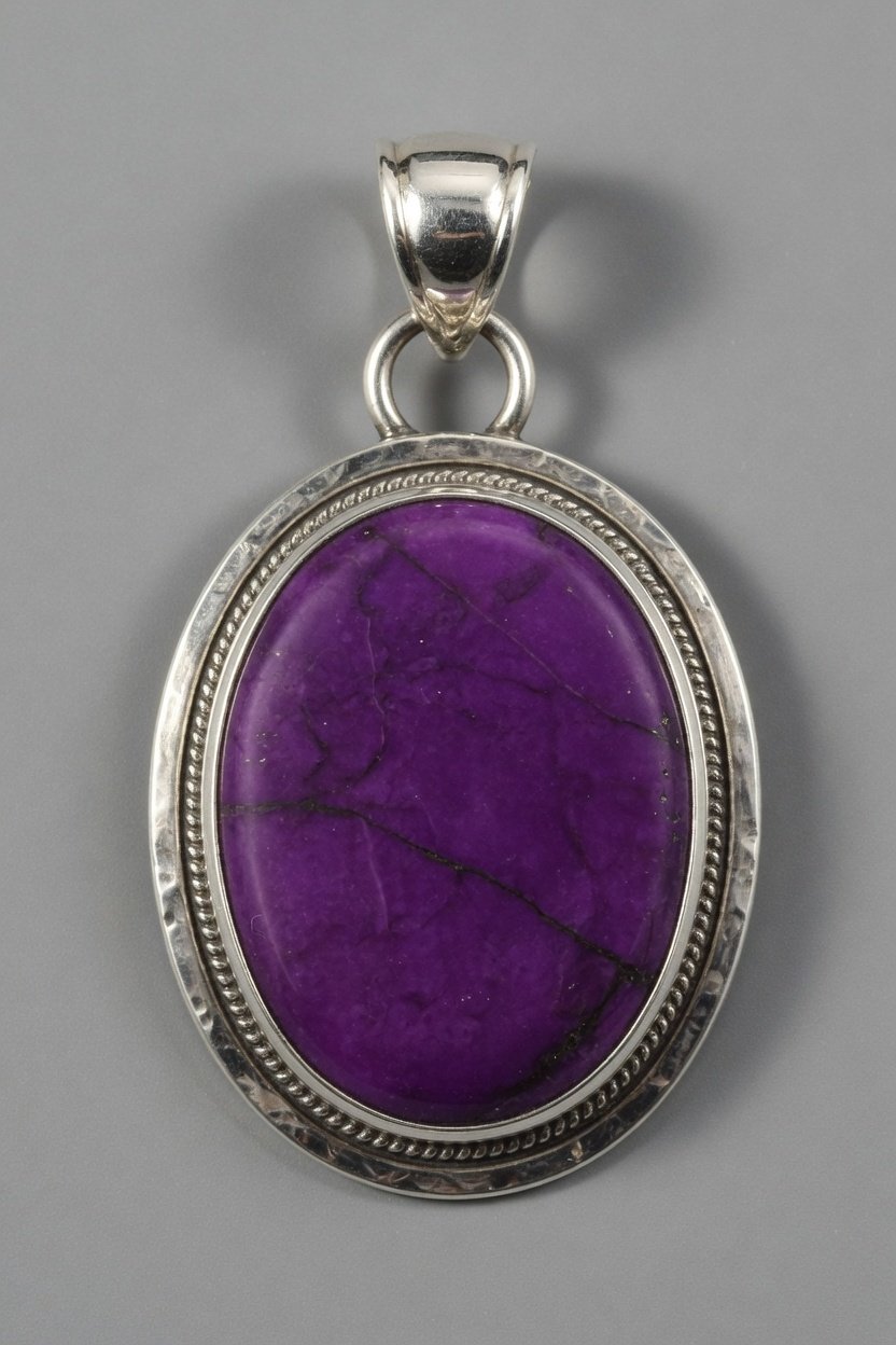Sugilite cabochon set in classic silver bezel pendant