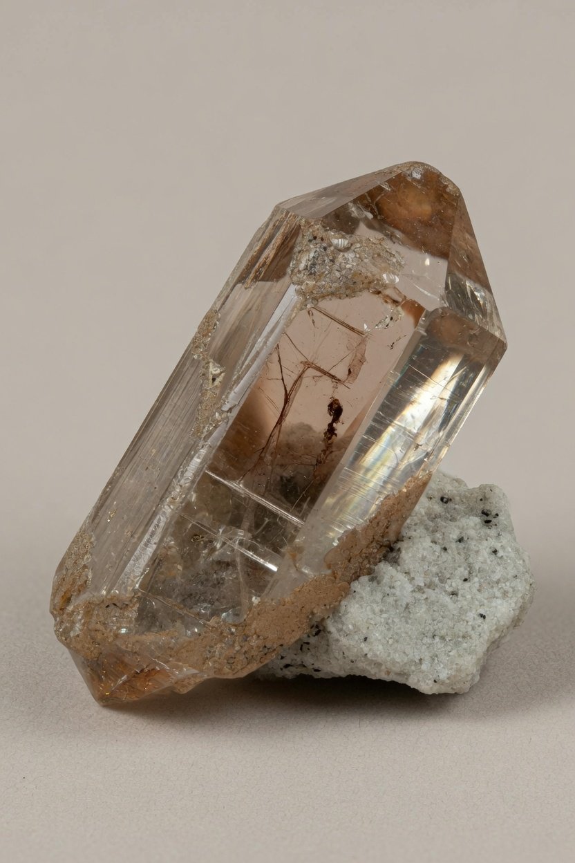 Raw rough Zircon specimen showing natural prismatic habit and glassy luster on pale matrix