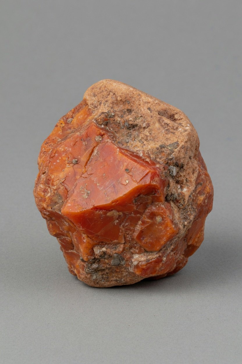 Raw rough Andesine specimen showing natural red-orange color and matrix