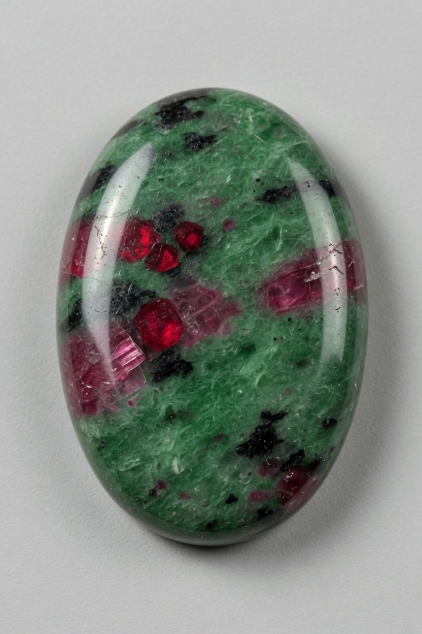 Polished Anyolite (Ruby-Zoisite) cabochon with red ruby in green zoisite
