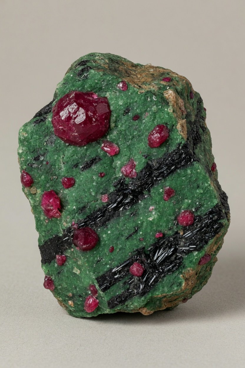 Raw Anyolite (Ruby-Zoisite) rough specimen showing red crystals in green matrix