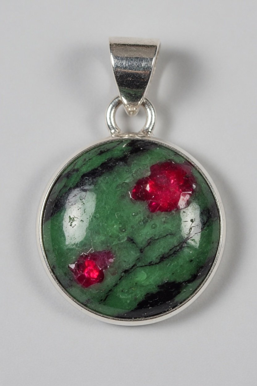 Anyolite (Ruby-Zoisite) cabochon set in sterling silver bezel pendant