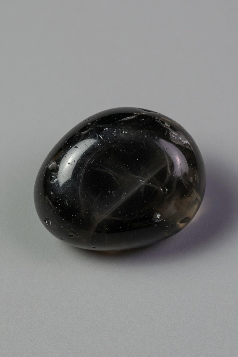 Polished tumbled Apache Tears on neutral background