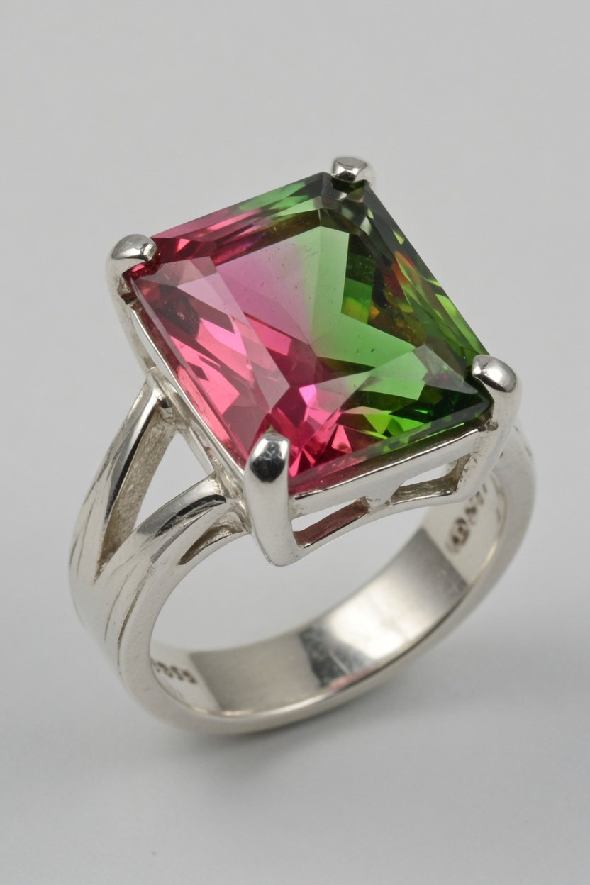 Bi-Color Tourmaline in sterling silver Contemporary Prong Ring