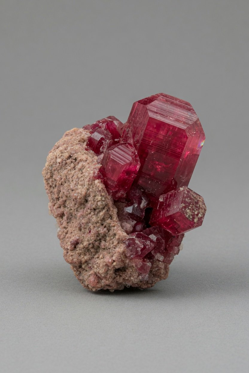 Raw hexagonal prism of raspberry-red Bixbite (Red Beryl) in rhyolite matrix