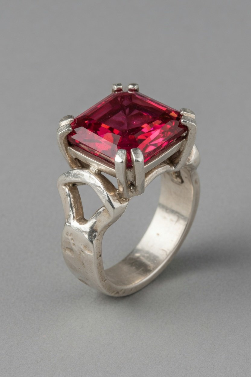 Contemporary prong ring in sterling silver set with faceted Bixbite (Red Beryl)