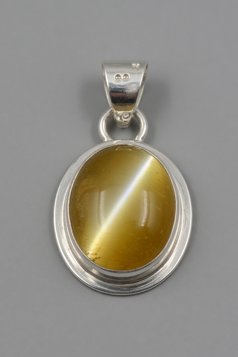 Cat's Eye Chrysoberyl (Cymophane) in silver bezel pendant