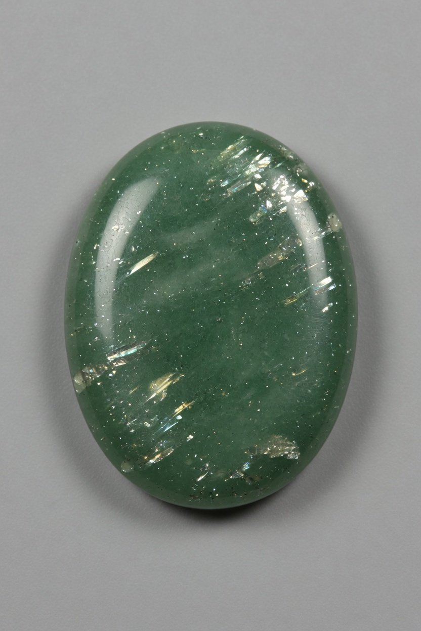 Polished Green Aventurine cabochon with silvery sparkles